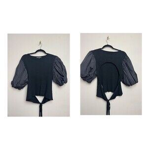 Anthropologie En Saison Puff Sleeve Top Size Small Ribbed Open Back Black